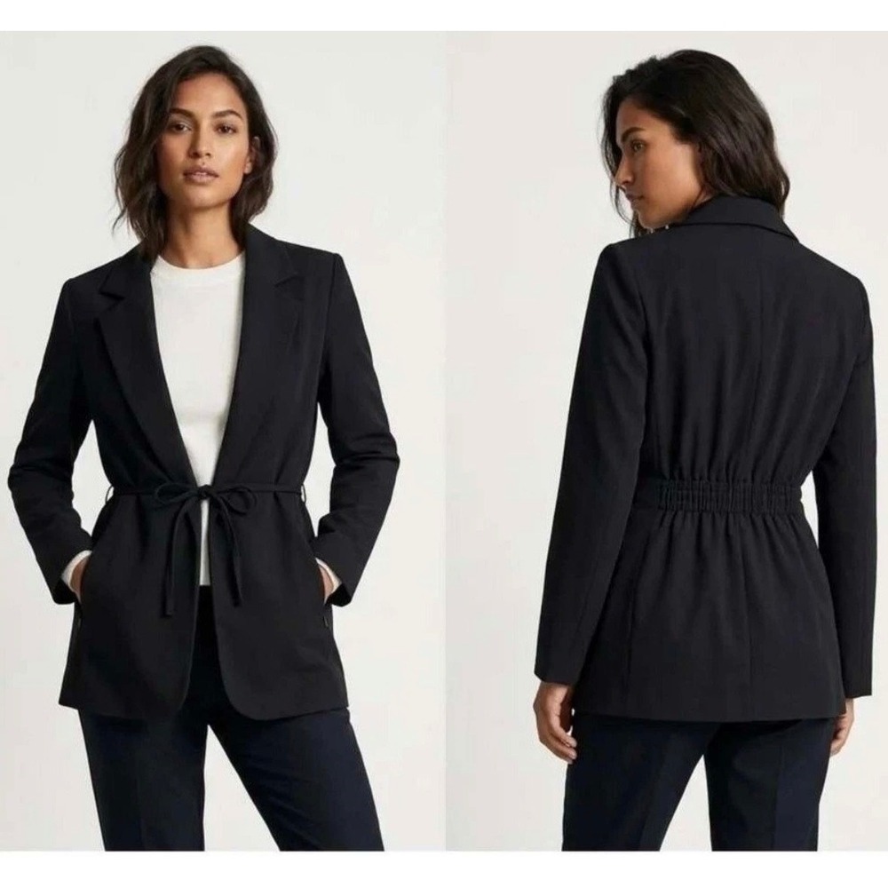 Athleta Midtown Blazer Black Cinched Waist Tie Front Jacket Size 12